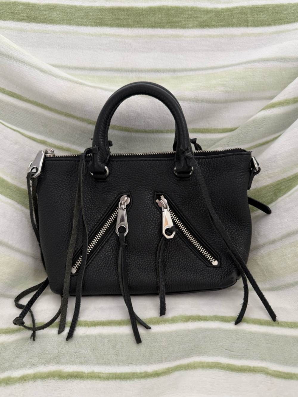 Rebecca Minkoff Black Pebbled Leather Mini Satchel with Fringe